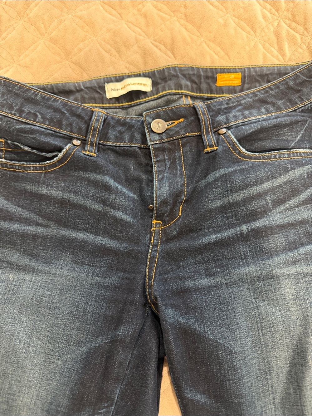 Pilcro Straight-Leg Dark Blue Jeans with Yellow Contrast Stitching